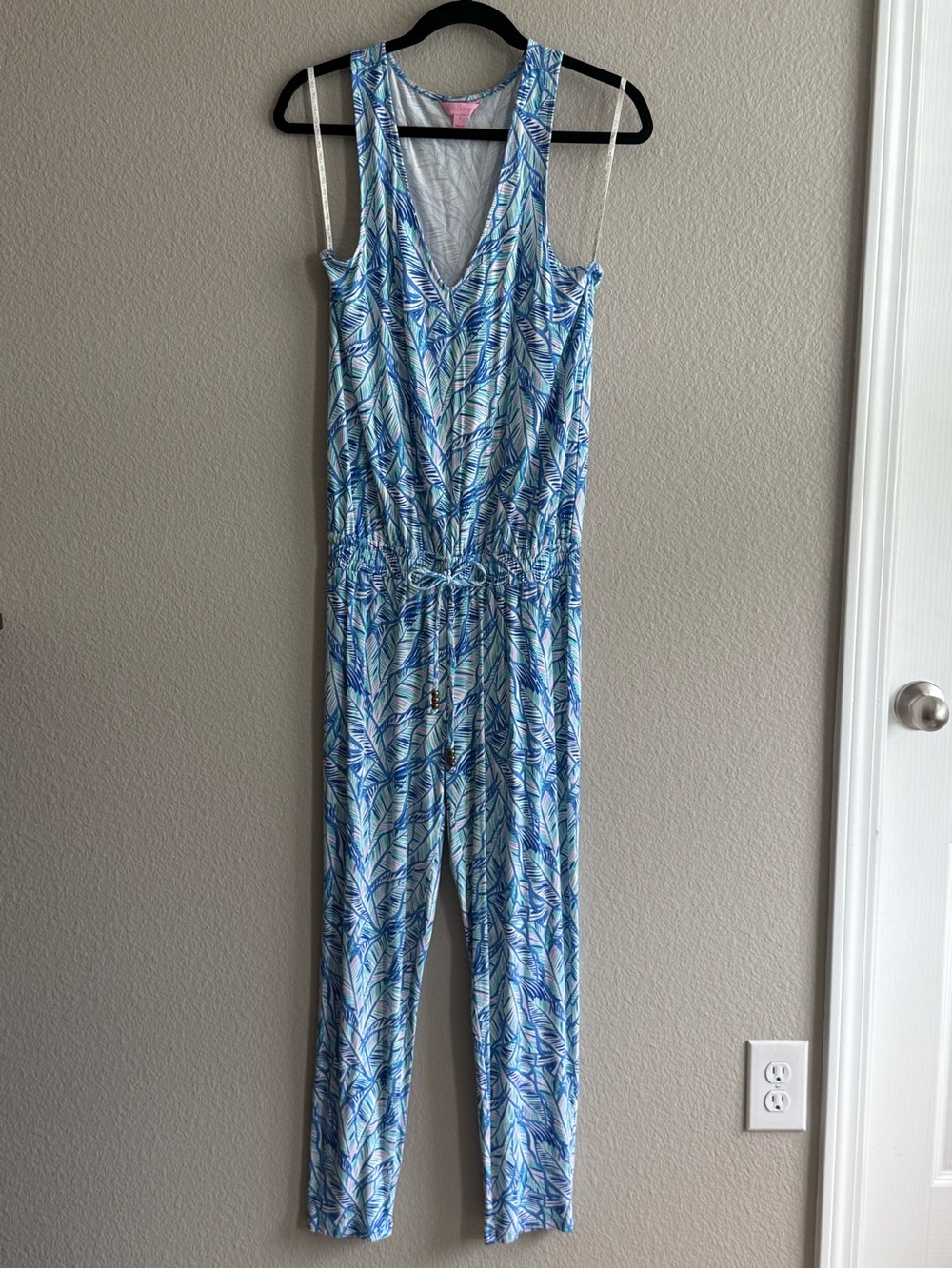 Lilly Pulitzer Blue, White & Green Leaf-Print Sleeveless Jumpsuit